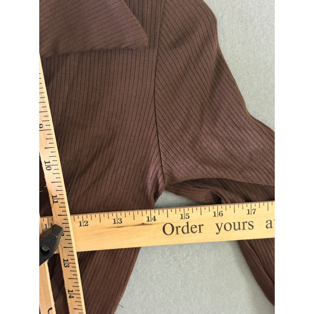 Dexire Womens S Crop Top Brown Excellent Ribbed Long Sleeve V-Neck Tulip Hem - Picture 7 of 9